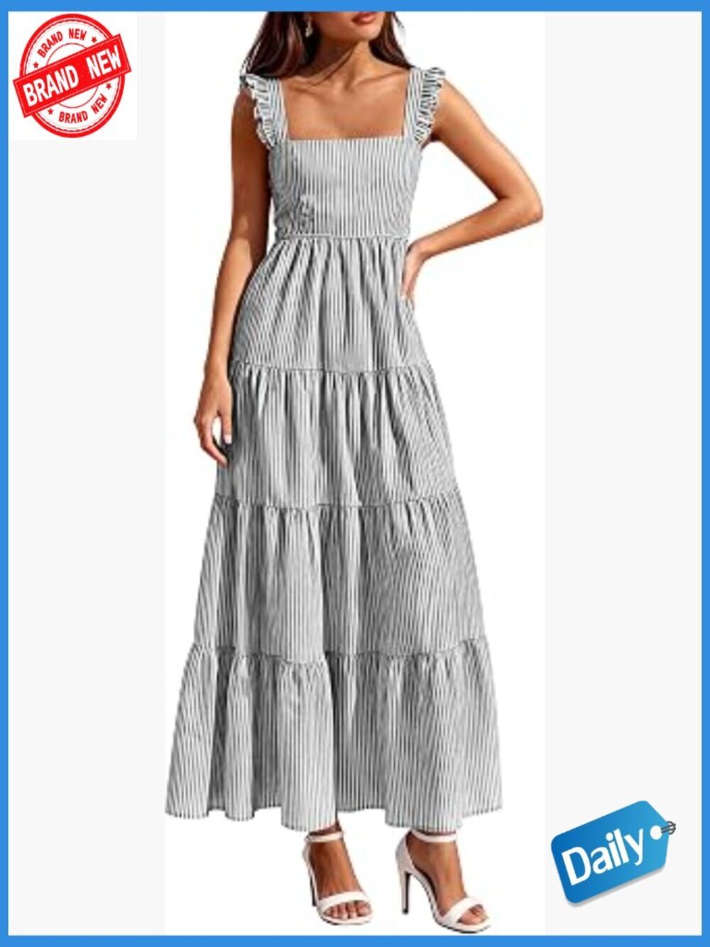 Womens Striped Square Neck Sleeveless Maxi Dress Boho Flowy Sundress